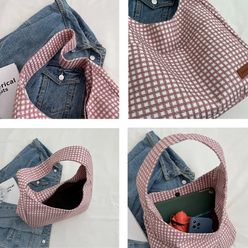 Plaid Canvas Shoulder Bags Large Capacity Tote