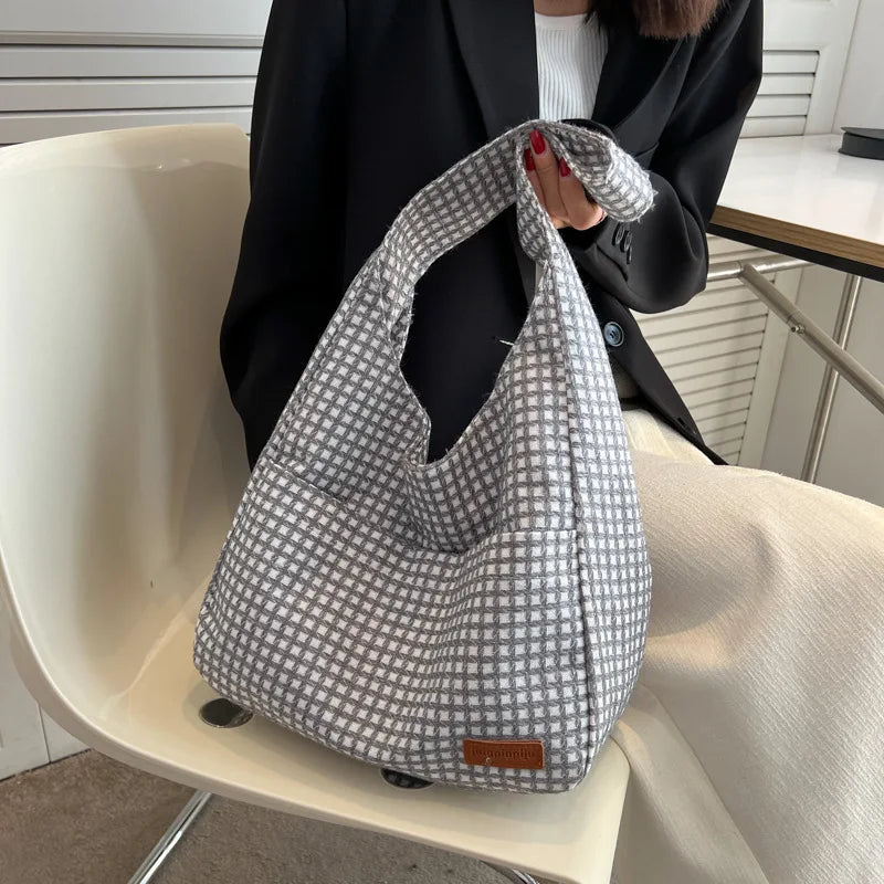 Plaid Canvas Shoulder Bags Large Capacity Tote