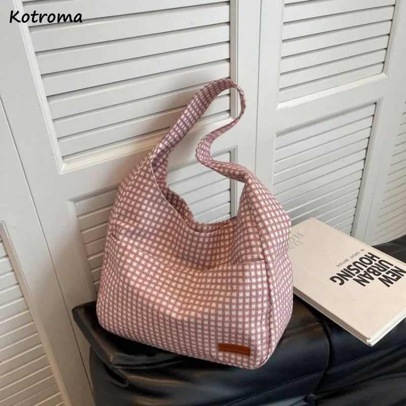 Plaid Canvas Shoulder Bags Large Capacity Tote