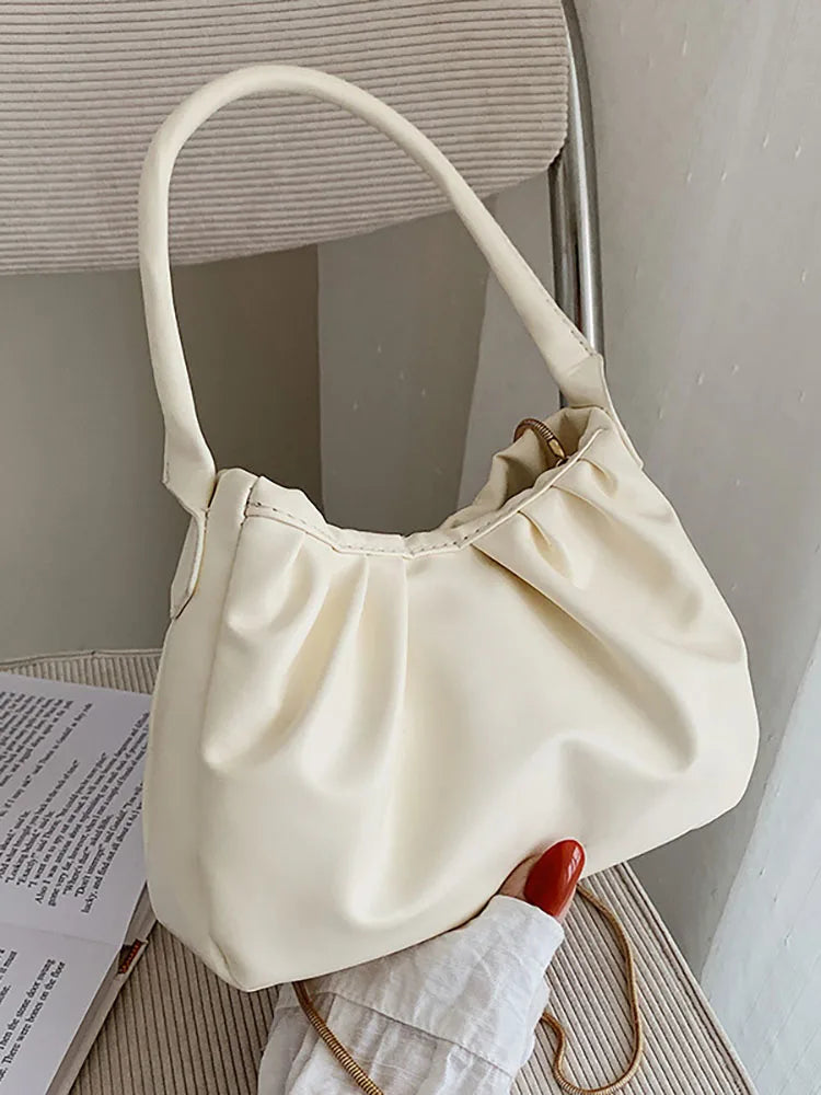 Pleated Top Handle Bag Women's Shoulder Crossbody PU Leather Handbag