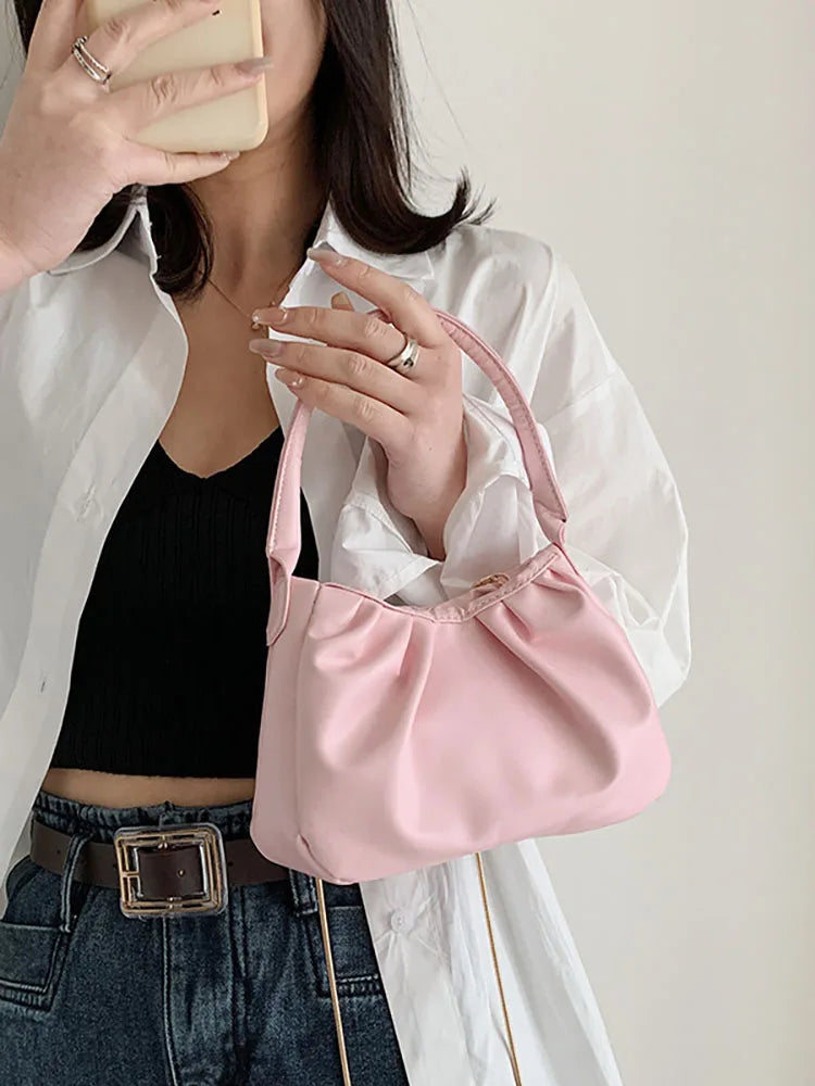 Pleated Top Handle Bag Women's Shoulder Crossbody PU Leather Handbag