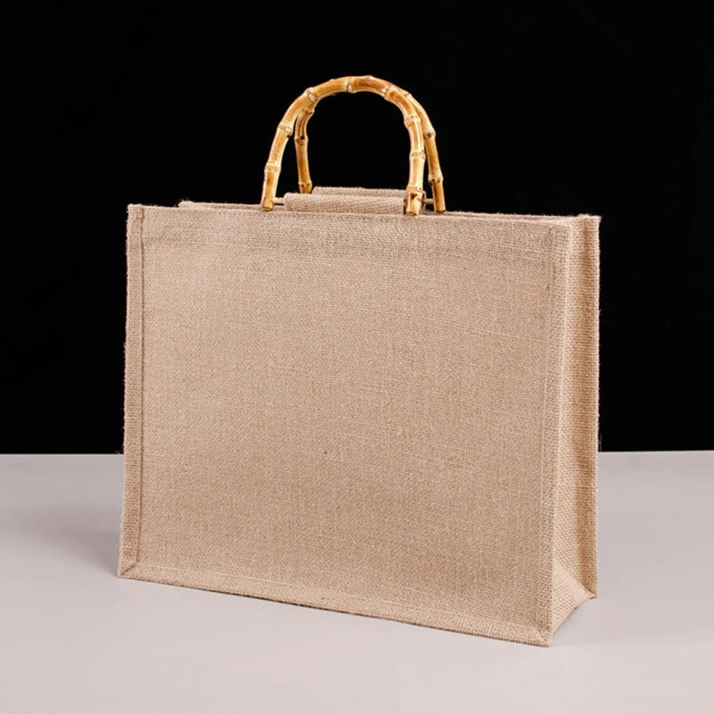 Burlap Jute Shopping Bag with Bamboo Handles