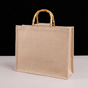 Burlap Jute Shopping Bag with Bamboo Handles