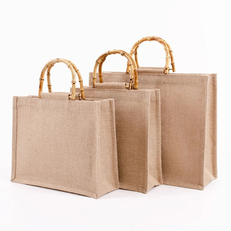 Burlap Jute Shopping Bag with Bamboo Handles