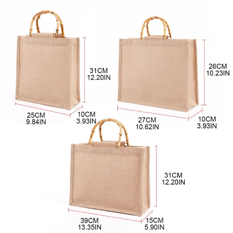 Burlap Jute Shopping Bag with Bamboo Handles