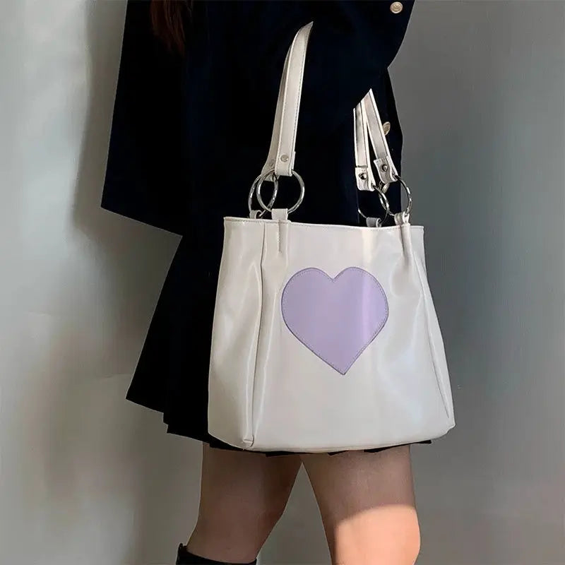 Women PU Leather Heart Panelled Tote Bag Underarm Shopping Handbag