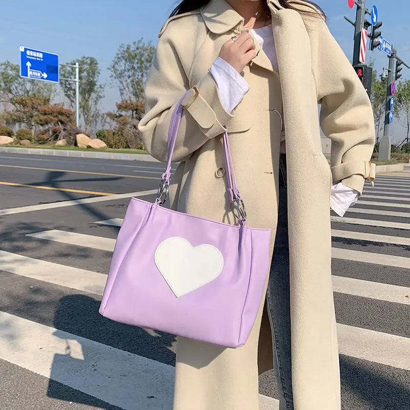 Women PU Leather Heart Panelled Tote Bag Underarm Shopping Handbag