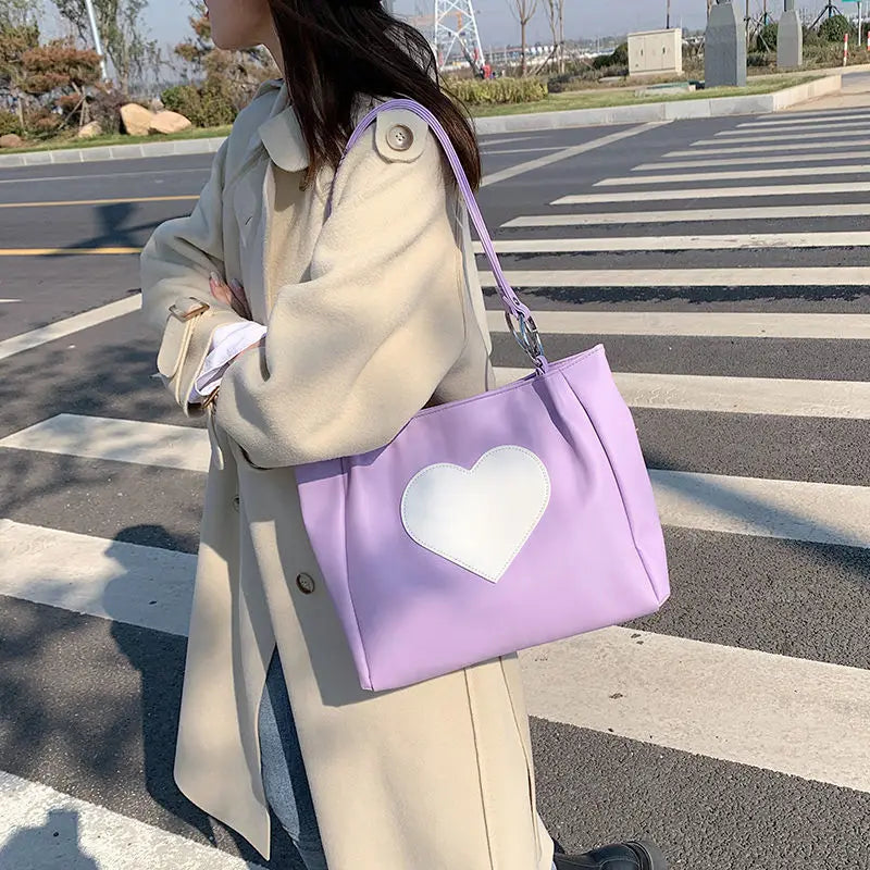 Women PU Leather Heart Panelled Tote Bag Underarm Shopping Handbag