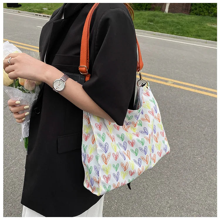 Heart Print Canvas Tote Bag Women's Handbag