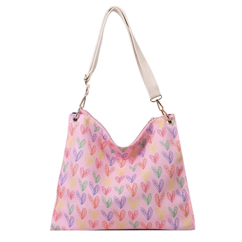 Heart Print Canvas Tote Bag Women's Handbag