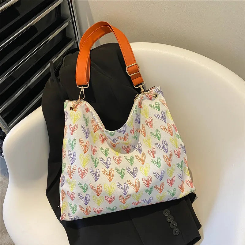 Heart Print Canvas Tote Bag Women's Handbag