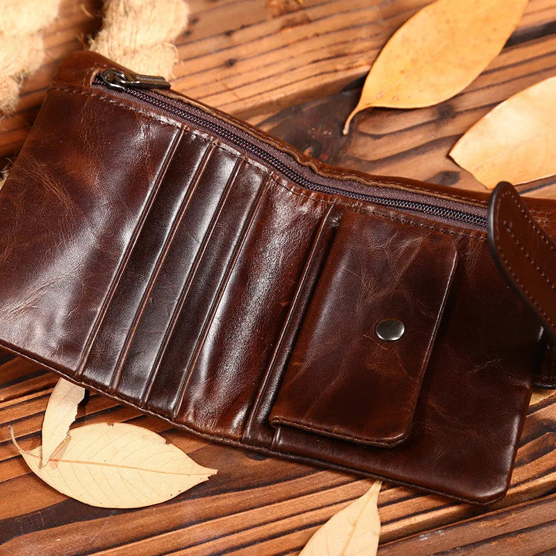 Brown Oil Wax Men Clutch Coin Bifold Purse Wallet for Male