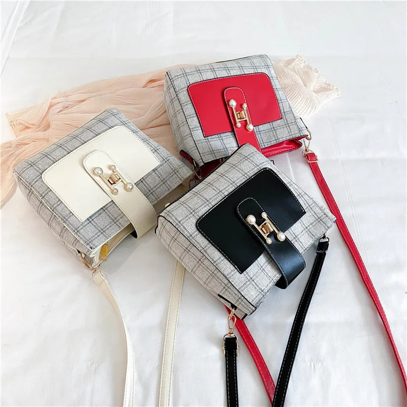 Checkered One-Shoulder Diagonal Bucket Bag