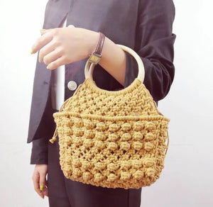 Solid Portable Woven Beach Bag with Cotton Rope Handle