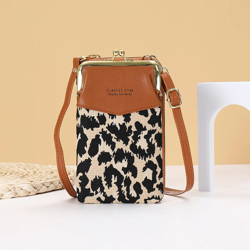 Leopard Print Color-block Mobile Phone Bag Large Capacity Messenger Purse