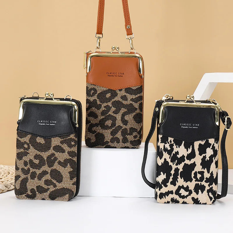 Leopard Print Color-block Mobile Phone Bag Large Capacity Messenger Purse