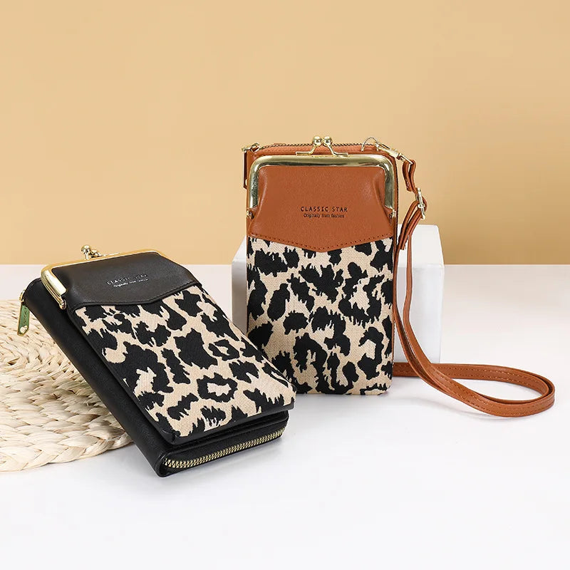 Leopard Print Color-block Mobile Phone Bag Large Capacity Messenger Purse