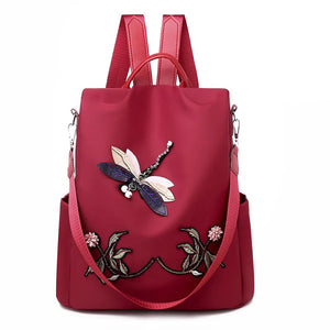 Waterproof Dragonfly Flower 3D Embroidered Backpack for Girls