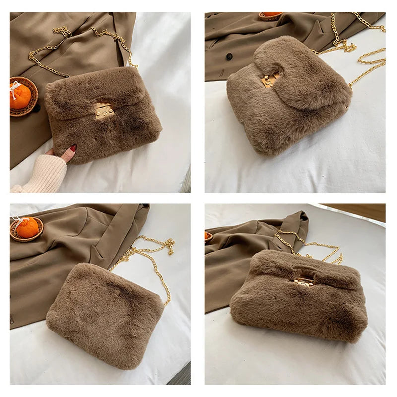 Winter Plush Shoulder Bag Faux Fur Crossbody Bags For Women Chain Handbag