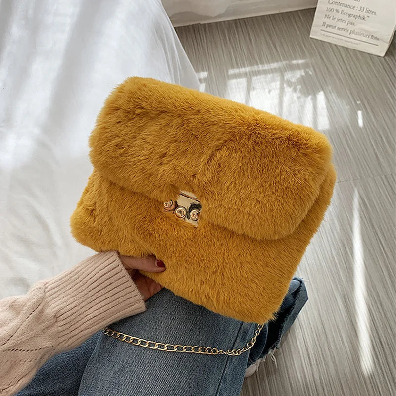 Winter Plush Shoulder Bag Faux Fur Crossbody Bags For Women Chain Handbag