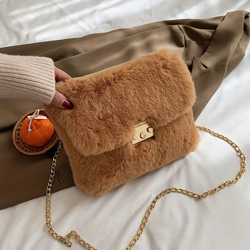 Winter Plush Shoulder Bag Faux Fur Crossbody Bags For Women Chain Handbag