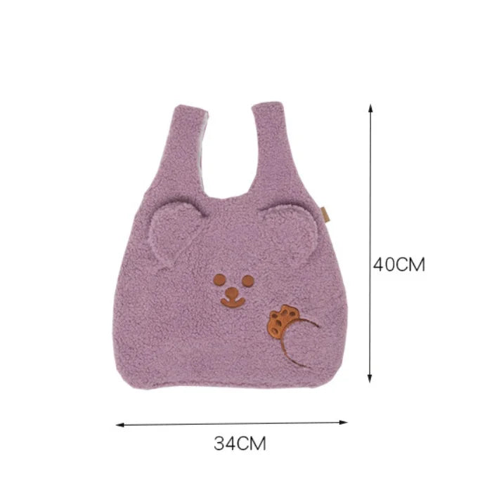 Winter Plush Tote Bag with Cartoon Embroidery