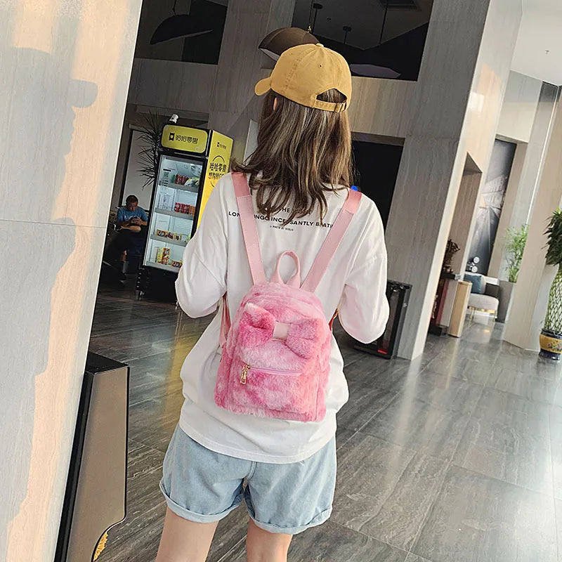Plush Bow Women Backpack Casual School Bag Laptop Computer