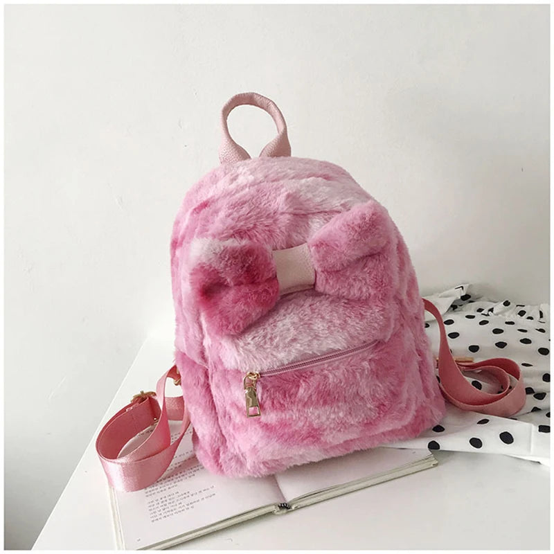 Plush Bow Women Backpack Casual School Bag Laptop Computer