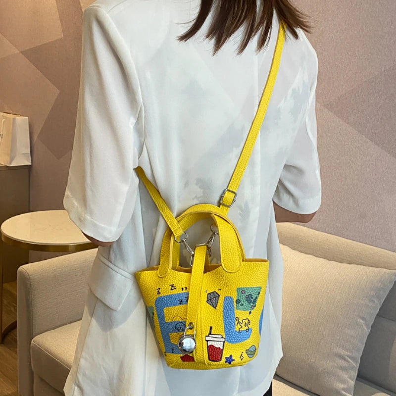 Women Bags Doodle Letter Messenger Shoulder Bag Girls Drawstring Bucket