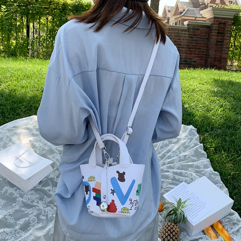Women Bags Doodle Letter Messenger Shoulder Bag Girls Drawstring Bucket
