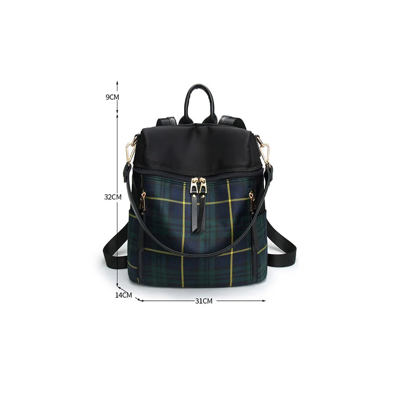 Women Plaid Nylon Travel Laptop Backpack School Casual Rucksack Bag