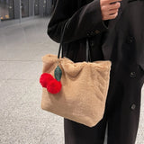 Women's Plush Tote Bag with Cherry Pendant