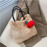 Women's Plush Tote Bag with Cherry Pendant