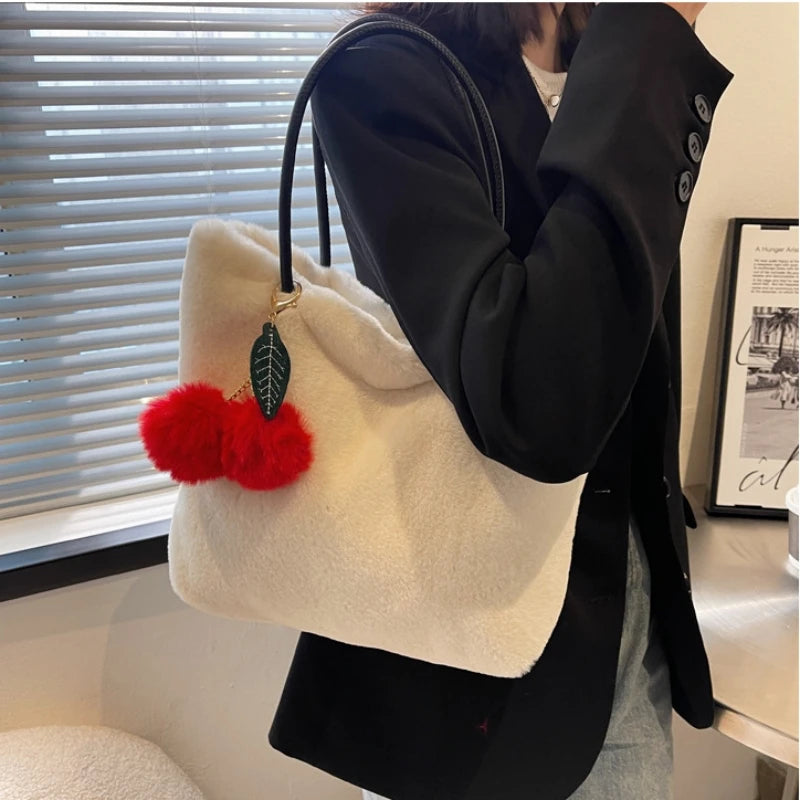 Women's Plush Tote Bag with Cherry Pendant