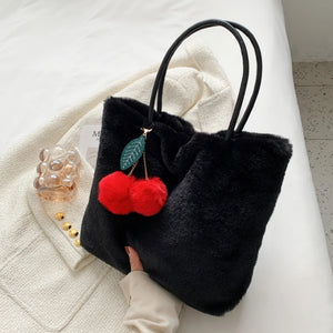 Women's Plush Tote Bag with Cherry Pendant