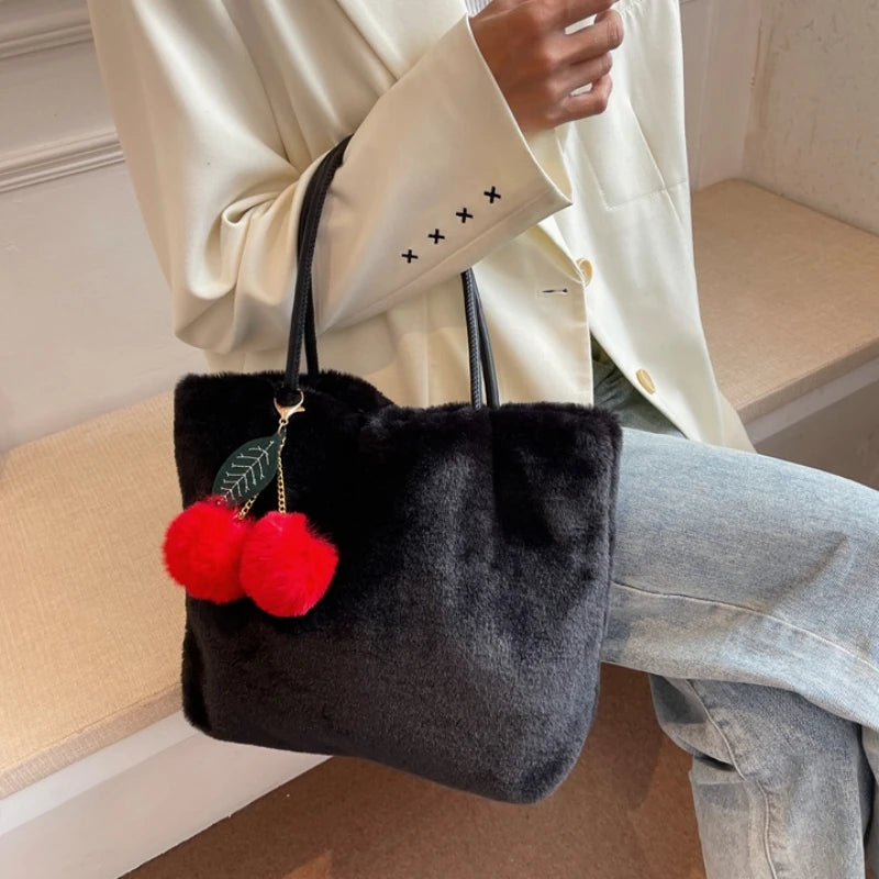 Women's Plush Tote Bag with Cherry Pendant