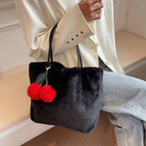 Women's Plush Tote Bag with Cherry Pendant