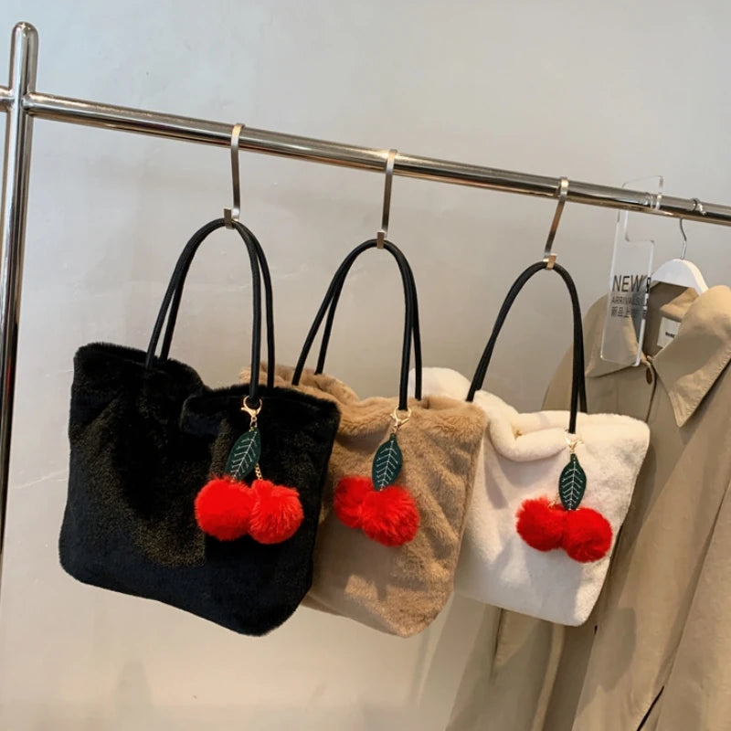 Women's Plush Tote Bag with Cherry Pendant