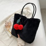 Women's Plush Tote Bag with Cherry Pendant