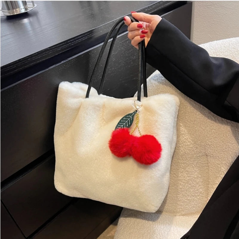 Women's Plush Tote Bag with Cherry Pendant