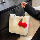 Women's Plush Tote Bag with Cherry Pendant