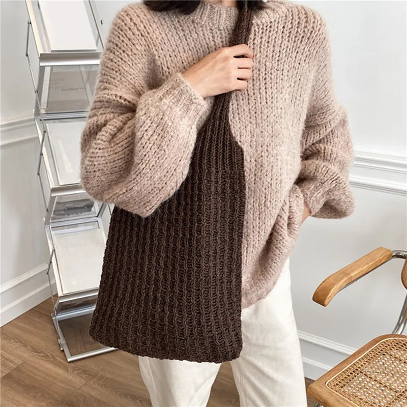 Vintage Knitted Shoulder Bag for Women Large Handbag