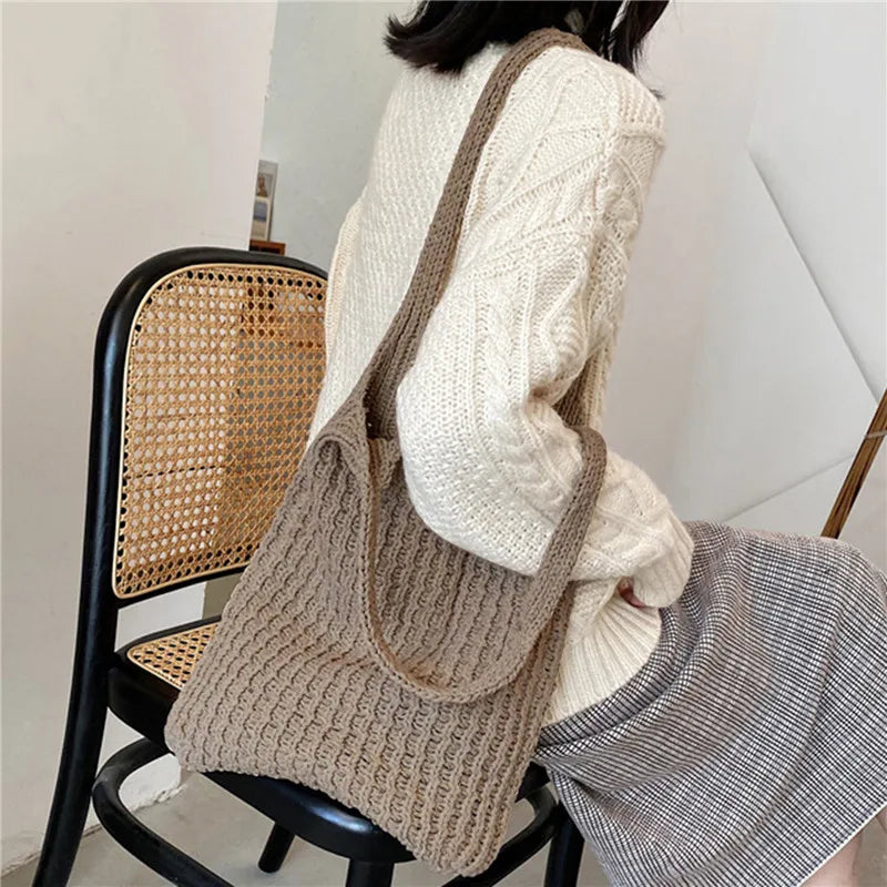 Vintage Knitted Shoulder Bag for Women Large Handbag