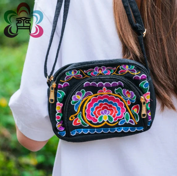 Yunnan Ethnic Embroidered Shoulder Bag with Change Mobile Phone Bag