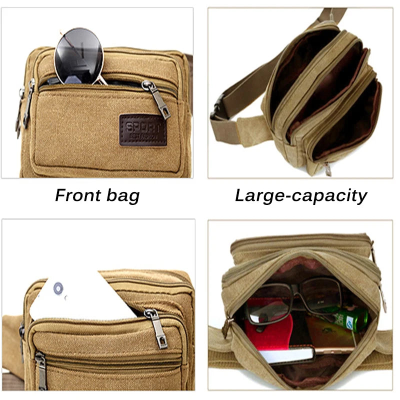 Canvas Men Waist Bag Zipper Pocket Outdoor Sports Pack