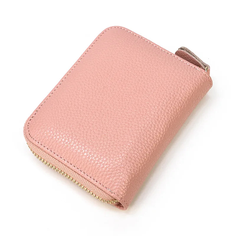 Pink Cowhide Leather Change Bag Short Purse with Zipper Pocket