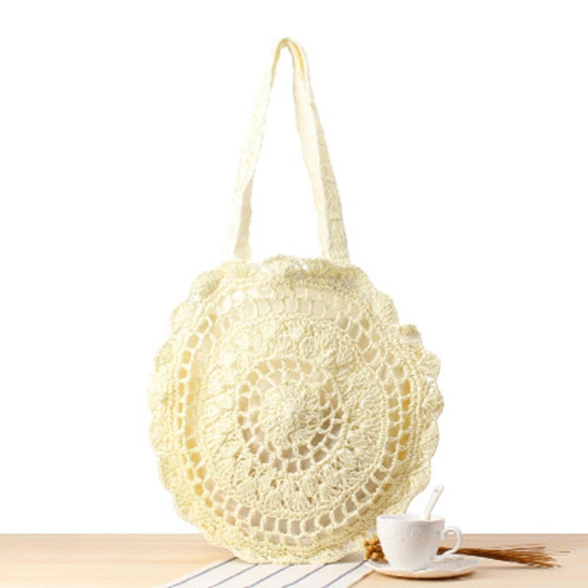 Round Straw Shoulder Bag Hook Flower Woven Sweet Lady Beach Bag