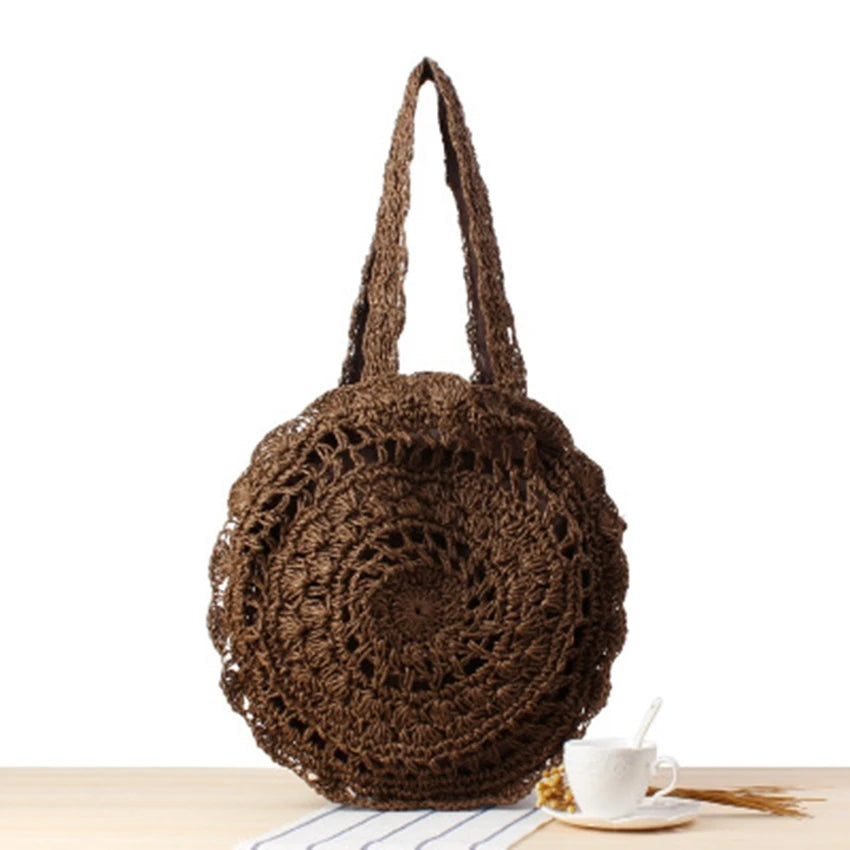 Round Straw Shoulder Bag Hook Flower Woven Sweet Lady Beach Bag