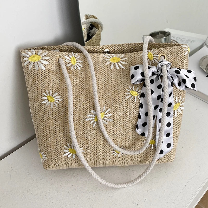 Straw Braided Silk Scarf Handbag