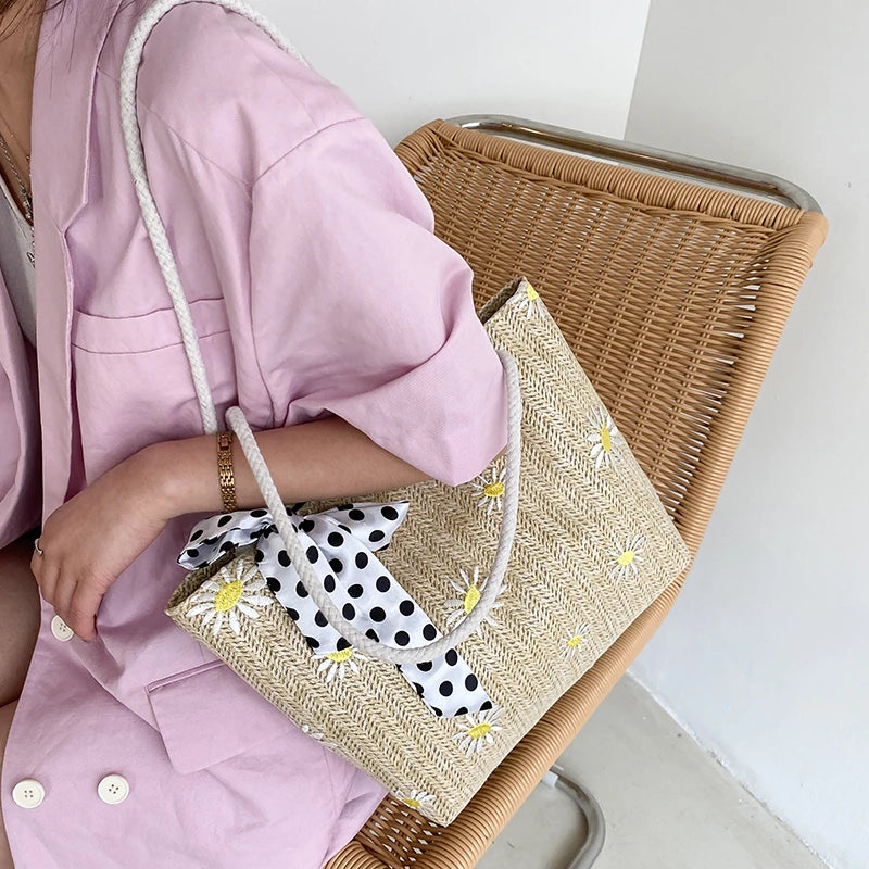 Straw Braided Silk Scarf Handbag